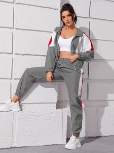 Female <b>Lightweight</b> Woven Running Sportswear Outfit | Geometric Block Activewear Wind <b>Jacket</b> and Tapered Trousers Co ord - Product Image 4