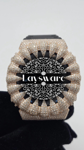 Laysware Luxury Antique Iced Out VVS Moissanite Diamond Sunburst Dial <b>Watch</b> <b>Black</b> Rubber Strap Statement Analog Timepiece - Product Image 2