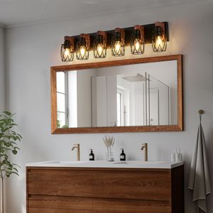Applique Industriale Vintage da 38 Pollici a 6 Luci, Nera con Gabbia e Dettagli in Legno, per Illuminazione Bagno, Corridoio, Soggiorno - Product Image 3