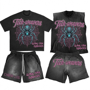 ชุดเสื้อผ้าสตรีทแวร์ Tech-Weavers สำหรับทุกเพศ เสื้อยืดสีดำแขนกุด กางเกงขาสั้น ลายพิมพ์ Cyber-Log Global Code Syndicate ชุดลำลองสำหรับฤดูร้อน - Product Image 1