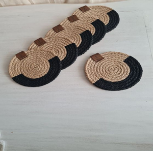 Spiral-coiled jute rope <b>coasters</b> with <b>beaded</b> outer rims, shown in natural tan and turquoise variants, at wholesale prices. - Product Image 2