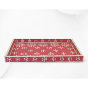 Bandeja Rectangular Decorativa de Lujo Moderno para el Hogar, Color Beige con Incrustaciones de Hueso, Patrón Floral Geométrico Tradicional, Hecha a Mano y Pulida - Product Image 3