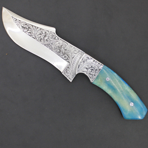 Cuchillo de caza de hoja fija de acero OEM personalizable al por mayor con mango de hueso grabado, punta caída y funda de cuero. Cuchillos grabados. - Product Image 2