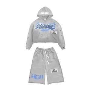 Sweat-shirt personnalisé en molleton bouclette 100% coton épais, coupe ample et carrée, zippé, avec impression sérigraphiée, strass et délavage acide, pour l'hiver - Product Image 2
