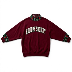 <b>Women</b> Maroon Mock Neck <b>Sweatshirt</b> <b>Christmas</b> Holly Embroidered Collar Cuffs Holiday Society Letter Print Fleece Top - Product Image 1