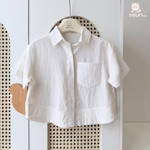 Chemise à manches courtes boutonnée pour enfants SeunKids, tissu tissé en lin Tencel, chemise décontractée pour garçons et filles - Product Image 2