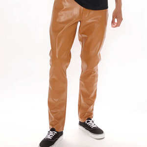 Men Genuine Leather Lightweight Casual Mid Waist Nonwoven Straight <b>Drawstring</b> Slim Fit <b>Trousers</b> with Customizable Logo - Product Image 4