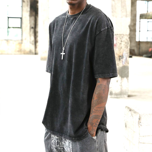 T-shirt en coton noir à manches courtes et col rond pour homme, coupe oversize, couleur unie, style streetwear, jersey tricoté, effet délavé - Product Image 3