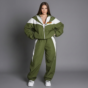 OEM/ODM 100% nylon color block Women's Tracksuit Comfortable baggy Fit Custom screen printed logo Breathable ladies 2 Piece <b>set</b> - Product Image 1