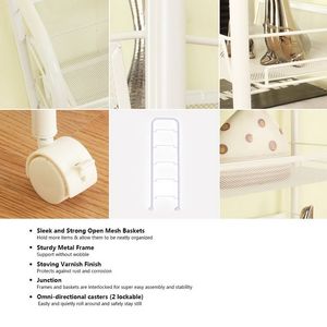 Carrello portaoggetti vintage industriale a 3 livelli con rete a nido d'ape, colore bianco avorio, con ganci - Organizzatori moderni - Product Image 5