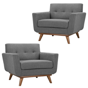 Fauteuil moderne en tissu gris avec pieds en bois, dossier capitonné, chaise de salon, design mid-century, mobilier de loisirs - Product Image 3