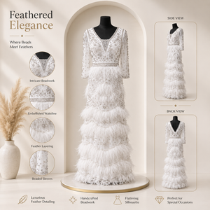 Women White Feather Beaded Maxi Gown <b>Sequin</b> Embellished V Neck Long Sleeve Tiered Evening Dress Luxury Wedding Party Formal - Product Image 5