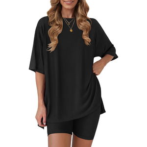 Conjunto de 2 Piezas de Punto Azul para Mujer, Top Holgado con Cuello Redondo y Pantalones Cortos, Transpirable, Informal, para Primavera y Verano - Product Image 3
