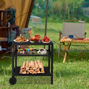 Three Shelf Outdoor Grill Cart Movable Black BBQ Trolley with Two Wheels and Hooks Food Prep Kitchen Islands & Carts - Product Image 6