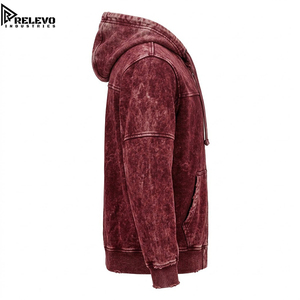 OEM <b>Men</b> Oversized Acid-Wash Maroon <b>Burgundy</b> Full-Zip Heavyweight <b>Hoodie</b>, Panel Stitched Vintage Mineral Wash Fleece <b>Hoodie</b> - Product Image 3