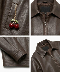 <b>Women's</b> <b>Brown</b> Genuine Sheep Skin Woven Zip Blouson <b>Jacket</b> Solid Pattern Turn Down Collar with Cherry Chain Charm Winter Autumn - Product Image 3