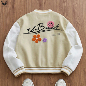 แจ็คเก็ตวาร์ซิตี้พรีเมียมสำหรับฤดูหนาว แขนหนัง PU สีขาวสำหรับผู้ชาย ปักลายวีแบบมินิมอล  บอมเบอร์ผ้าฟลีซนุ่มสบาย - Product Image 2