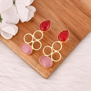 Handmade <b>Red</b> Hydro & Pink Cat'seye Gemstone Brass <b>Drop</b> <b>Earrings</b> Gold Plated Fashion Jewelry for Women - Product Image 3
