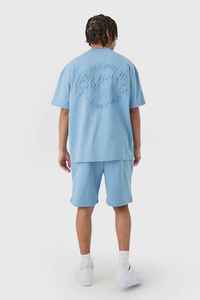 Ensemble t-shirt et short pour homme, bleu clair, col rond, tissu tricoté uni, style décontracté, respirant, pour l'été - Product Image 3