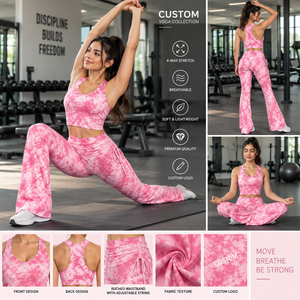 Ensemble de yoga rose hiver pour femme avec logo personnalisé, veste zippée intégrale à col montant et legging évasé, tenue de sport deux pièces, fournisseur - Product Image 5