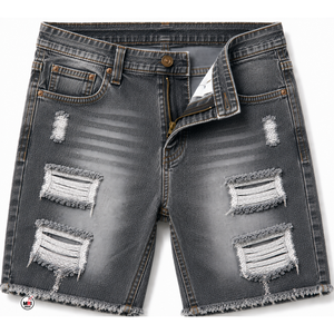 <b>High</b> Quality Mens Ripped Denim Shorts Quick Dry Casual Style 100% Cotton Breathable Woven Fabric Bermuda Mid Waist Button Fly - Product Image 1