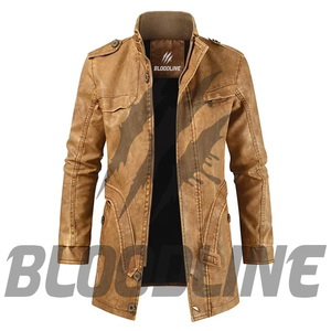 BLOODLINE Men's PU Leather <b>Jacket</b> Stand Collar Zipper Closure <b>Slim</b> <b>Fit</b> Long Length Casual Autumn Wear - Product Image 4