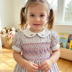 Cheap price Low MOQ Customizable Embroidered Baby Dress Cotton Purple floral Smocked Dress for Girls Handmade children <b>clothes</b> - Product Image 3