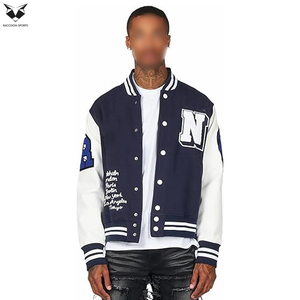 Navy Blue Varsity <b>Jacket</b> Men <b>White</b> Sleeve Letter Embroidery Bomber <b>Jacket</b> Streetwear Casual Slim Fit Baseball Coat - Product Image 4
