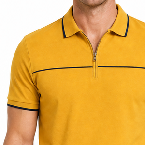 Hot selling Men's Mustard <b>Yellow</b> Short Sleeve Knitted <b>Polo</b> <b>Shirt</b> With Zipper And Black Trim Casual Style - Product Image 3