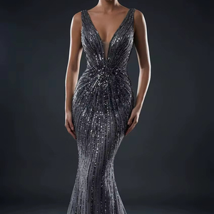 Luxury Sequin Mermaid Evening Gown Deep V-Neck Sleeveless Floor Length Prom Dress High-End Formal Party Wear Manufacturer - Product Image 1