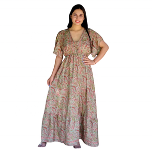 Vestido Boho de Talla Única para Verano y Otoño, de Seda, Corte A, Cuello en V, Manga Corta, Estampado Floral, Paisley y Puntos, Lavable, Ecológico, Largo hasta el Suelo - Product Image 1