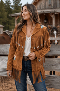 <b>Women</b> Tan Brown genuine Leather Western <b>Jacket</b> with <b>Fringe</b> & Beads - Product Image 4