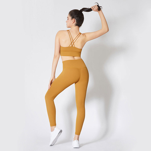 Women's Yoga Set Solid Color High Waist <b>Seamless</b> <b>Leggings</b> Crop Top Racerback Sportwear Full Length Mustard Yellow - Product Image 4