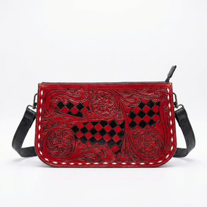 Bolso de Hombro de Mujer 100% Cuero Genuino, Diseño Bohemio con Diamantes Rojos y Flores, Correa Única, Cierre de Cremallera, para Todas las Temporadas - Product Image 1