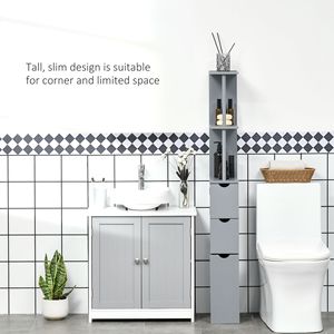Meuble de rangement autoportant moderne pour salle de bain, 54 pouces de hauteur, avec 2 niveaux en bois et PVC, organisateur étroit en gris - Product Image 5