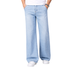 Jean en denim bleu clair pour homme, coupe large, en coton, taille haute, coupe décontractée, au meilleur prix - Product Image 1