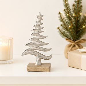 Handmade Modern Metal Christmas <b>Tree</b> Sculpture With Star Top & Creative Natural Wooden Base Elegant Silver-Toned Aluminum Decor - Product Image 2