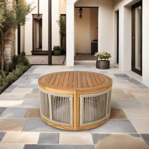 Table d'extérieur tout temps ronde en bois d'acacia avec design en corde tressée pour patio, jardin ou balcon - Product Image 1