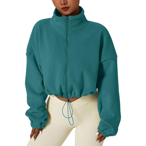 Women's <b>Teal</b> Fleece Zip-Up Crop Sweatshirt Oversized Stand Collar Drop-Shoulder Full Sleeve Autumn Wear Solid Color Unlined - Product Image 1