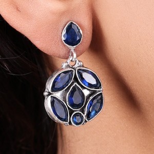 Wholesale Oxidized Silver Vintage Multi Gemstone <b>Sapphire</b> Flower <b>Drop</b> <b>Earrings</b> for Women | Party Occasion Indian Ethnic Jewelry - Product Image 2