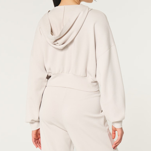 Hoodie court taille haute pour femme en molleton de coton écologique, design 2-en-1, teint en pièce, vêtement décontracté, OEM ODM, vente en gros, usine - Product Image 3