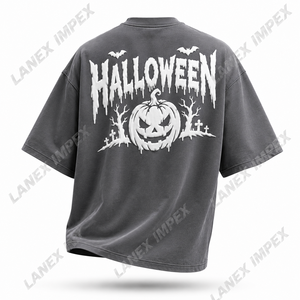 Custom Halloween Graphic T Shirt 3D Puff Print Pumpkin Bat Graveyard Design Grey Oversized Cotton <b>Tee</b> for Men Women Streetwear - Product Image 3