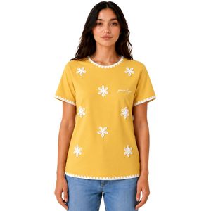 Camiseta de Mujer con Bordado Floral Amarillo, Ribete Blanco en Contraste, Cuello Redondo, Manga Corta, Estilo Casual, OEM, ODM, Ropa Personalizada - Product Image 1