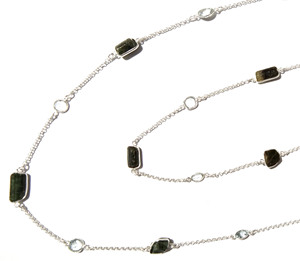 Natural Black Tourmaline White Topaz Gemstone Beaded Long <b>Chain</b> Necklace 925 Sterling <b>Silver</b> Handmade Bohemia Style Jewelry Gift - Product Image 1
