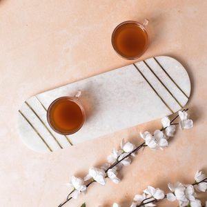 Luxury White Marble Oval Decorative Tray with Gold Inlay Accents for <b>Coffee</b> <b>Table</b>, Vanity Organizer and Home Decor Display - Product Image 4