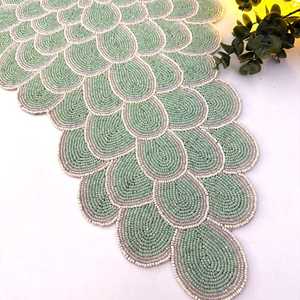 Handmade bead <b>table</b> runner, floral beaded runner, sage <b>green</b>, 13x36inch - Product Image 5