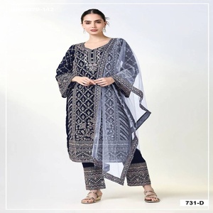 Ensemble Salwar-Suit semi-cousu en soie Georgette à motifs floraux prononcés, orné de broderies multi-fils, Zari, Dori et cordons, à prix de gros - Product Image 1