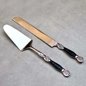 Silver Polished Stainless Steel <b>Cake</b> <b>Server</b> Set with Handmade Embossed Black Handle End Tableware Metal <b>Cake</b> Tools - Product Image 1