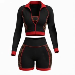 Custom Logo <b>Women</b> <b>2</b> <b>Piece</b> Short Tracksuit Patchwork Sexy Zip Crop Top Biker Shorts Regular Plus Size Casual Yoga <b>Outfit</b> ODM - Product Image 5
