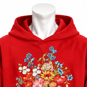 เสื้อฮู้ดลายดอกไม้สีแดง ปักลายดอกไม้หลากสี เสื้อสเวตเชิ้ตแบบสวม มีกระเป๋าจิงโจ้ ทรงหลวม สไตล์ลำลอง สตรีทแวร์ - Product Image 3
